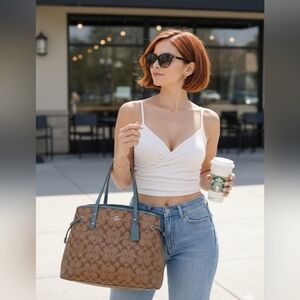 Signature Coach Drawstring Carryall Shoulder Bag F57842 Brown/Teal